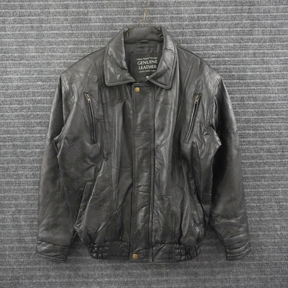 Vintage Italian Stone Design Leather Bomber Jacket Mens M Black Patchwork